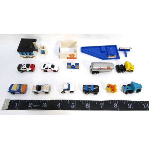 MICRO MACHINES set of 16 tiny toy vehicles, buildings Shell tanker & police cars - Picture 2 of 3